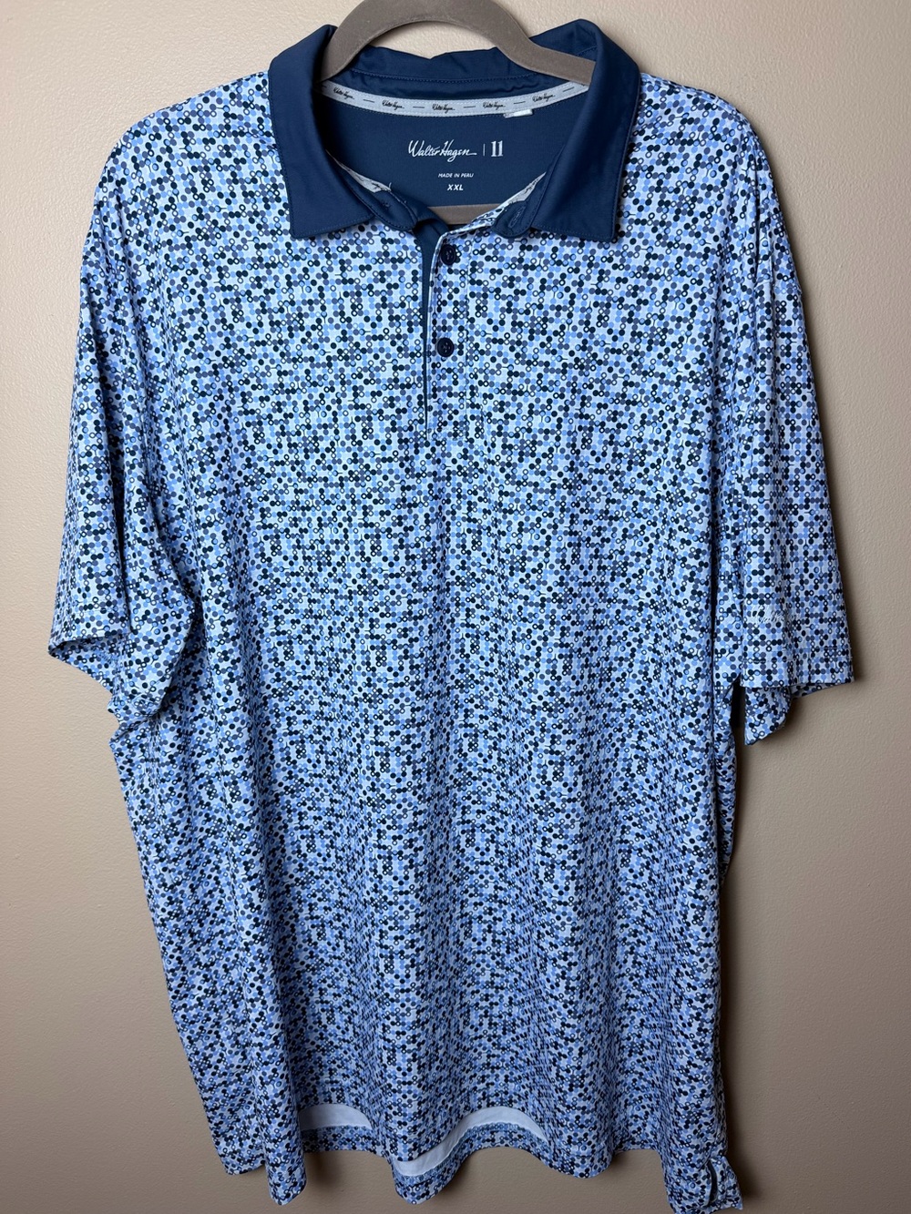 Walter Hagen 11 Golf Polo Shirt XXL Blue dots Print Performance Stretch Polo